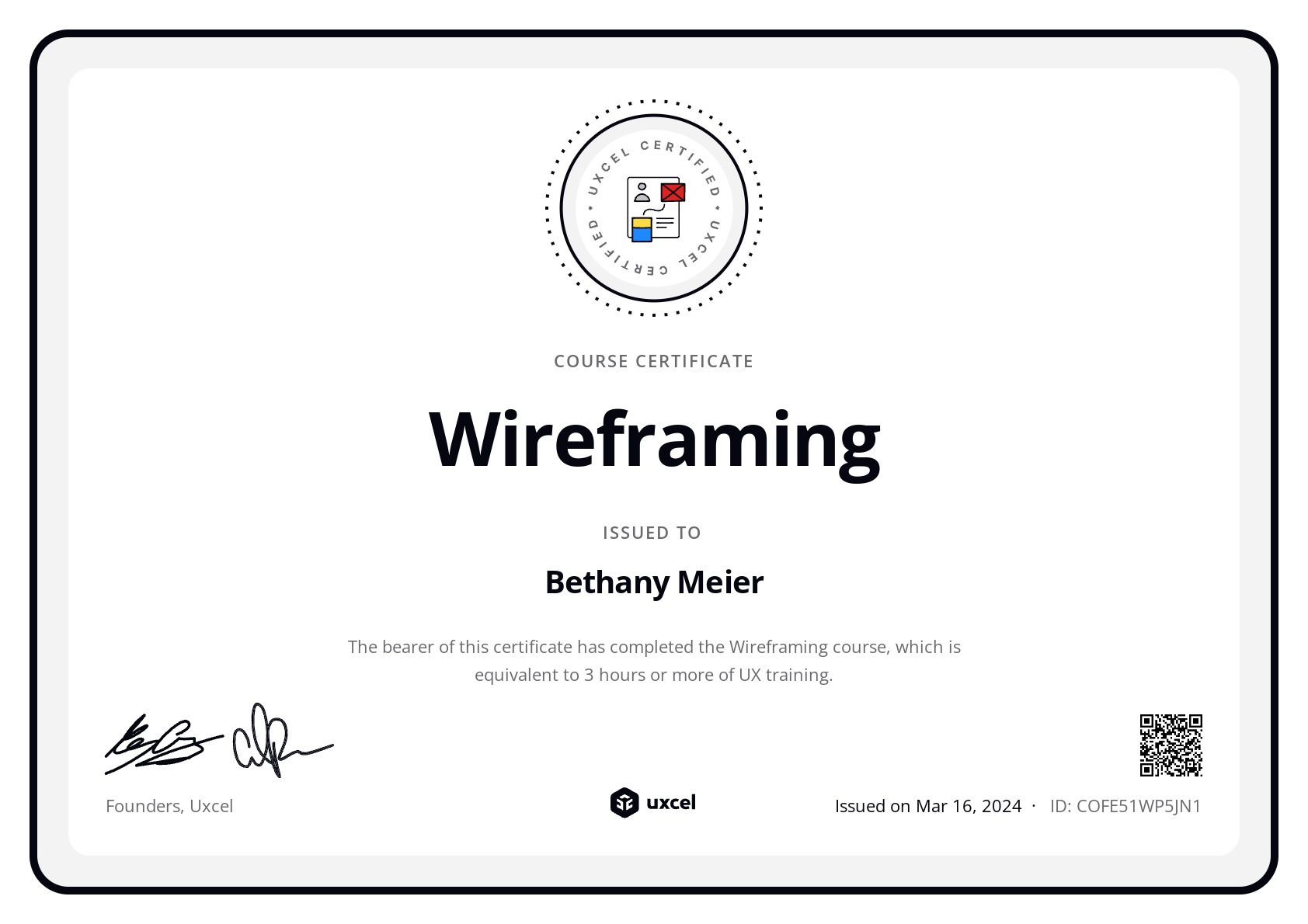 Bethany Meier's certificate